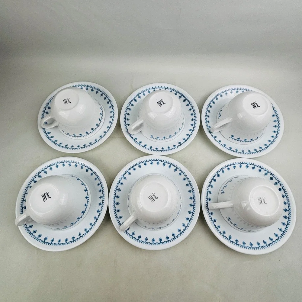 Corelle Snowflake Blue 6 Flat Cup & Saucer Sets White Ring Handle Vintage‎